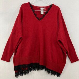 Chico's sz L/XL Red Black Lace Accents Heavy Knit Dolman Sleeve Relaxed Sweater